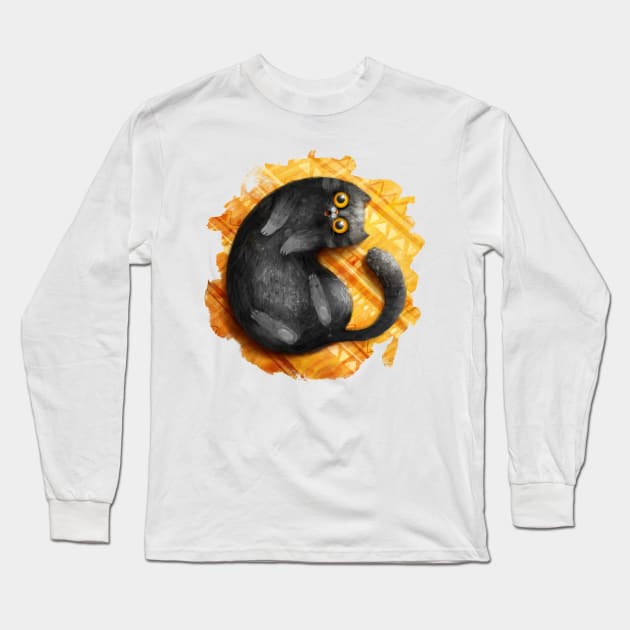 Happy smiling black cat on a yellow carpet Long Sleeve T-Shirt by Marysha_art